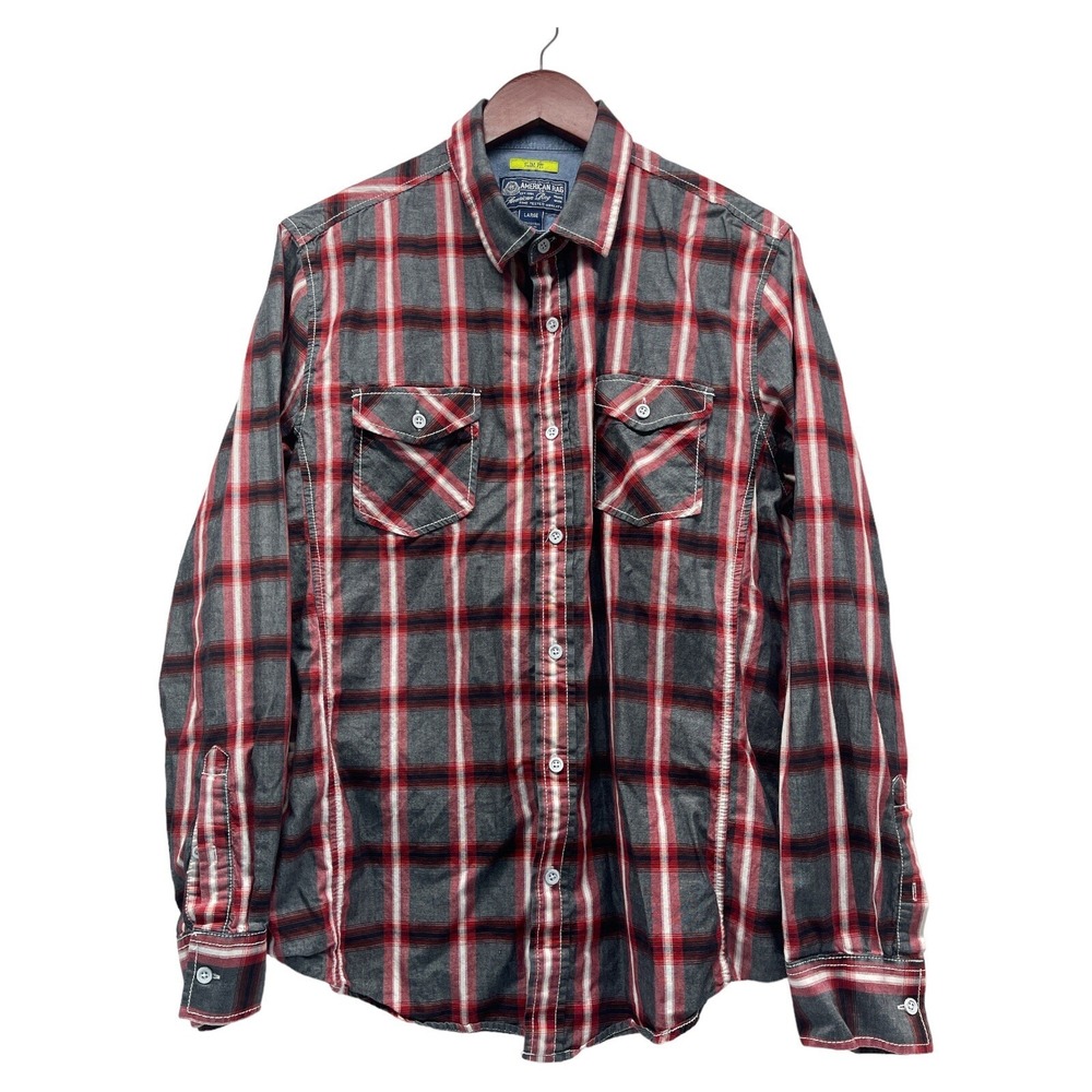 American Rag Mens Shirt Red Black Plaid Size Large Slim Fit Button Down